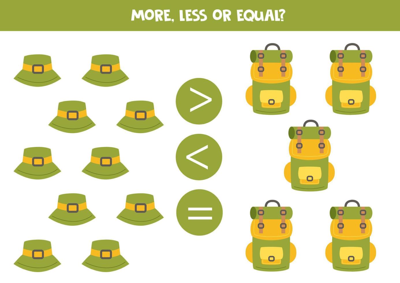 More, less, equal with camping hats and rucksacks. vector