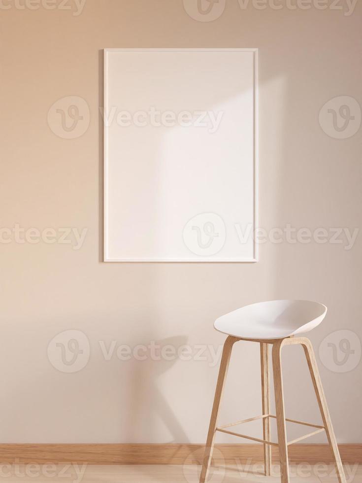 Modern and minimalist vertical white poster or photo frame mockup on the wall in the living room. 3d rendering.