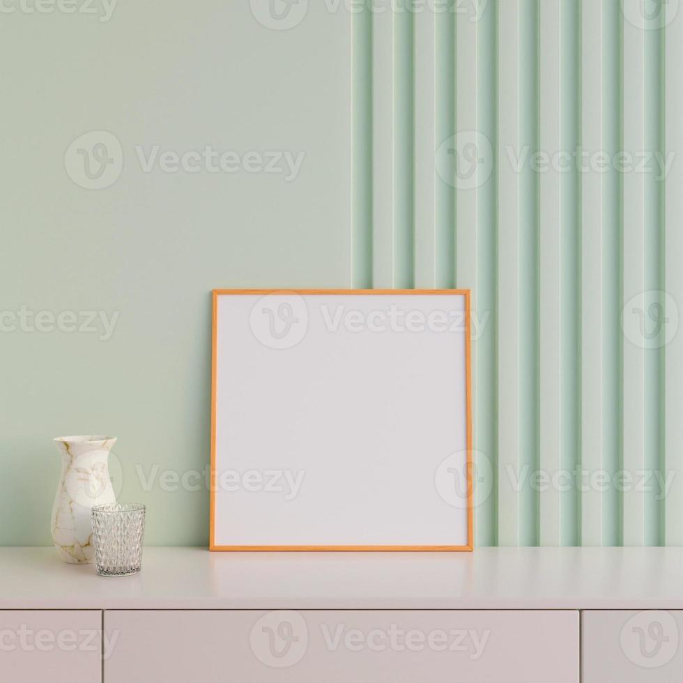 Modern and minimalist square wooden poster or photo frame mockup on the table in the living room. 3d rendering.