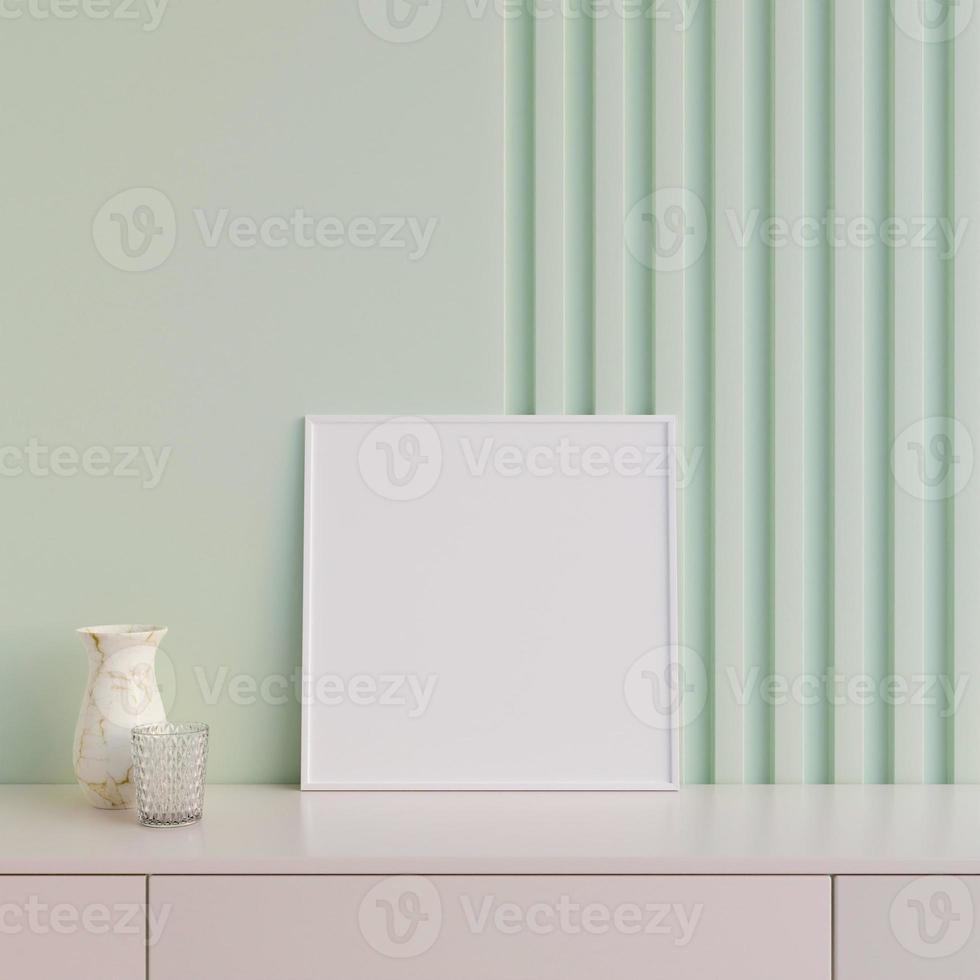 Modern and minimalist square white poster or photo frame mockup on the table in the living room. 3d rendering.