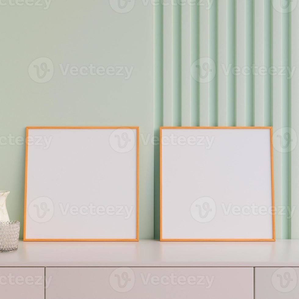 Modern and minimalist square wooden poster or photo frame mockup on the table in the living room. 3d rendering.