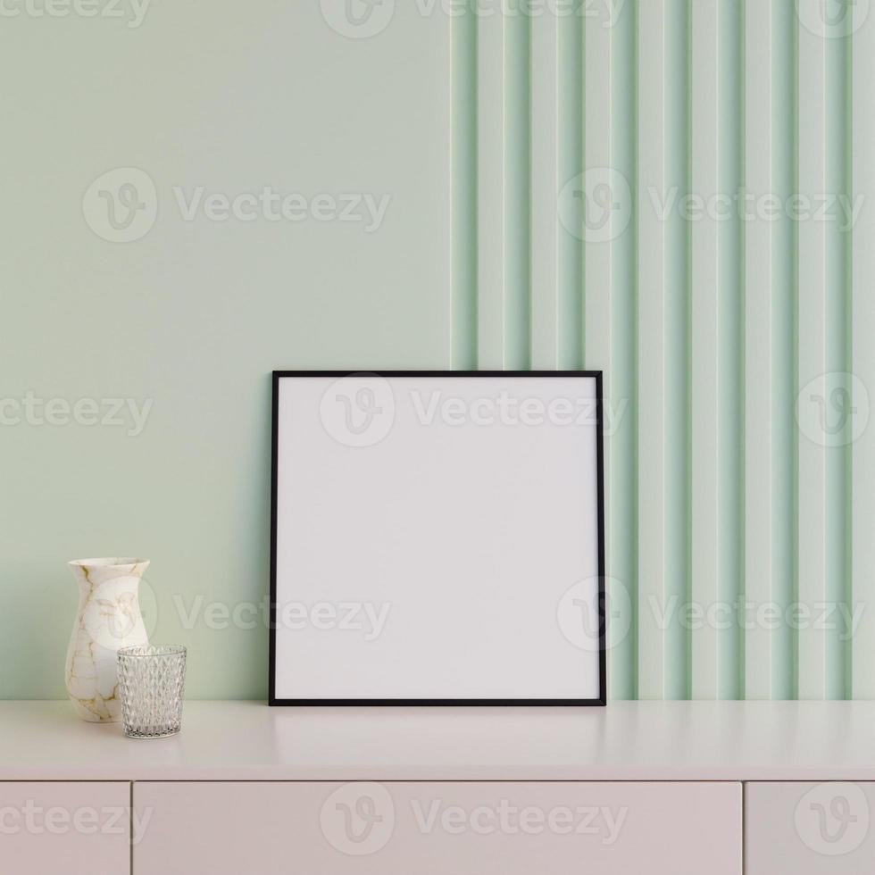 Modern and minimalist square black poster or photo frame mockup on the table in the living room. 3d rendering.