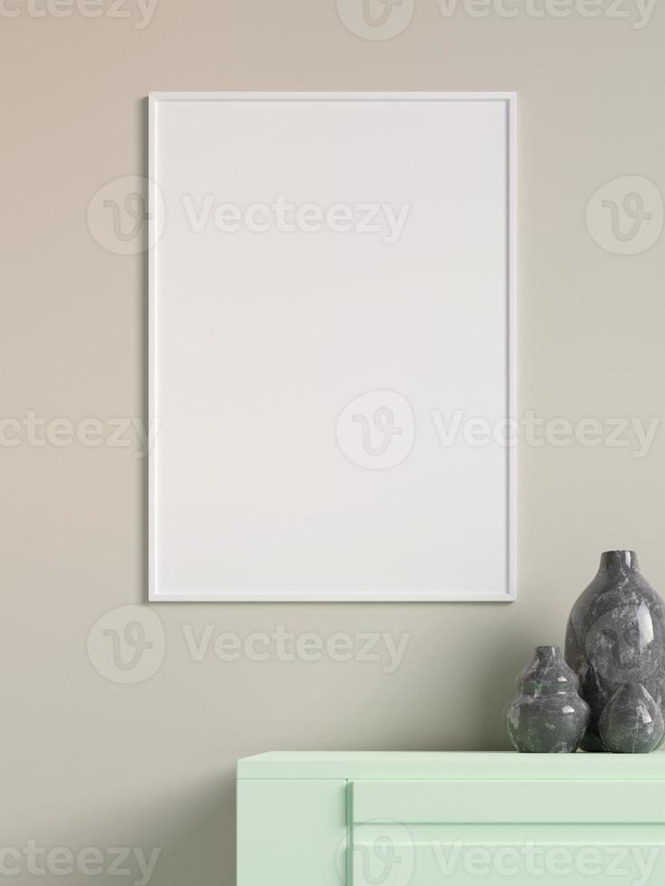 Modern and minimalist vertical white poster or photo frame mockup on the wall in the living room. 3d rendering.