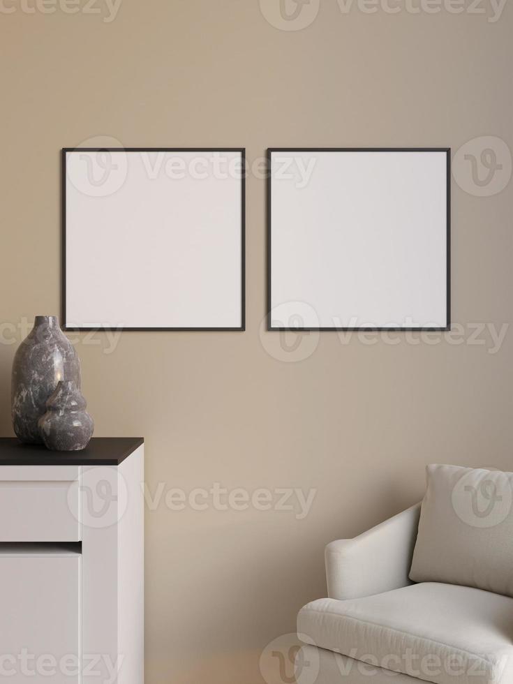Simple and minimalist square black poster or photo frame mockup on the wall in the living room. 3d rendering.