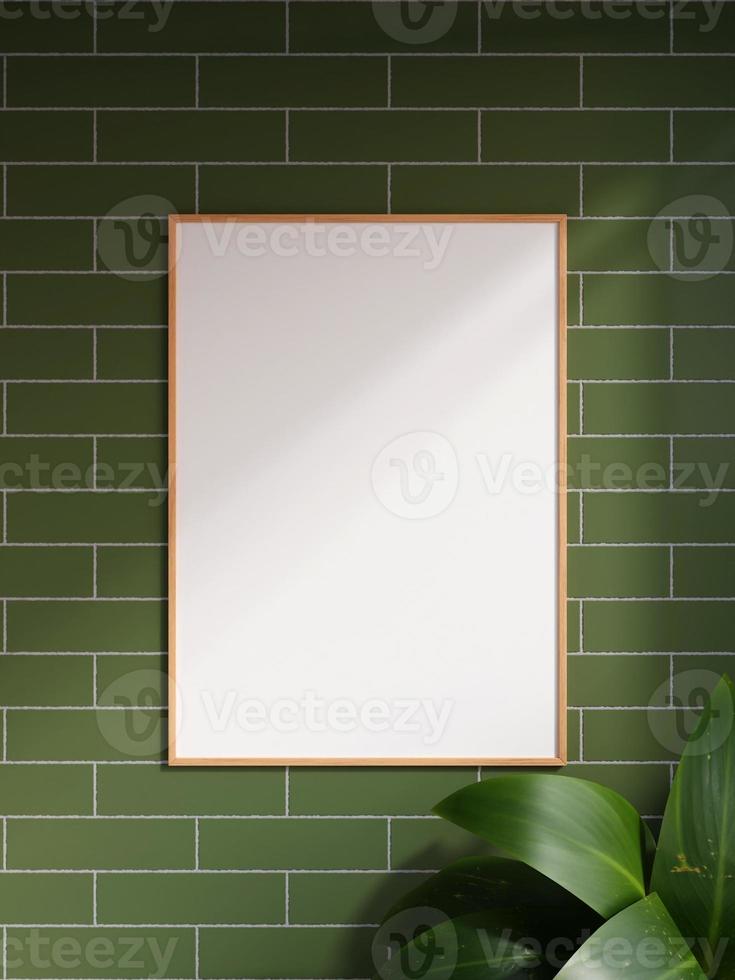 Modern and minimalist vertical wooden poster or photo frame mockup on the brick wall in a room with plant and shadow. 3d rendering.