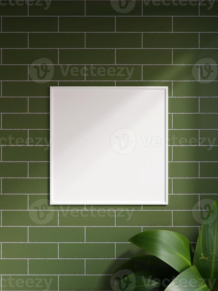 cartel blanco cuadrado moderno y minimalista o maqueta de marco de fotos en la pared de ladrillo en una habitación con planta y sombra. representación 3d