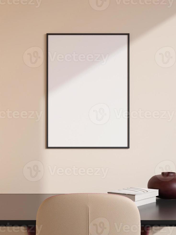 Modern and minimalist vertical black poster or photo frame mockup on the wall in the living room. 3d rendering.