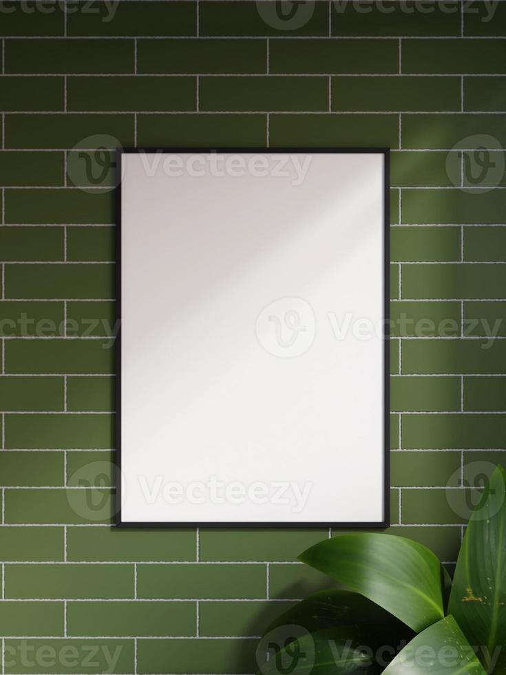 Modern and minimalist vertical black poster or photo frame mockup on the brick wall in a room with plant and shadow. 3d rendering.