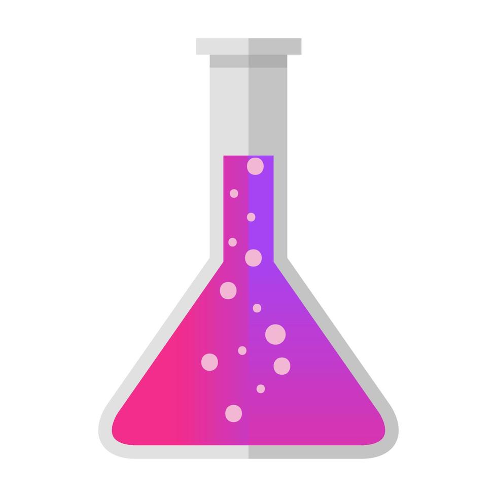 Cartoon conical flask with purple pink liquid potion vector isolated object