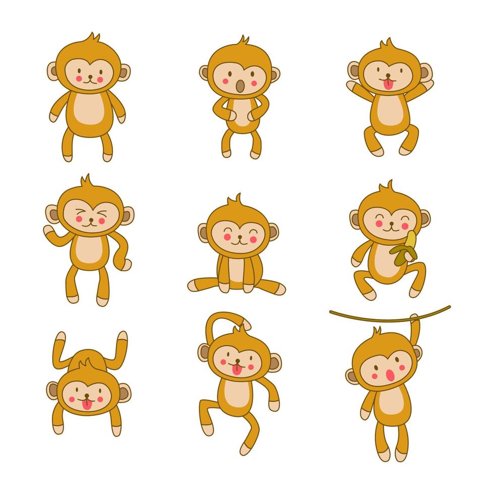 set of cute animal of monkey on cartoon version vector