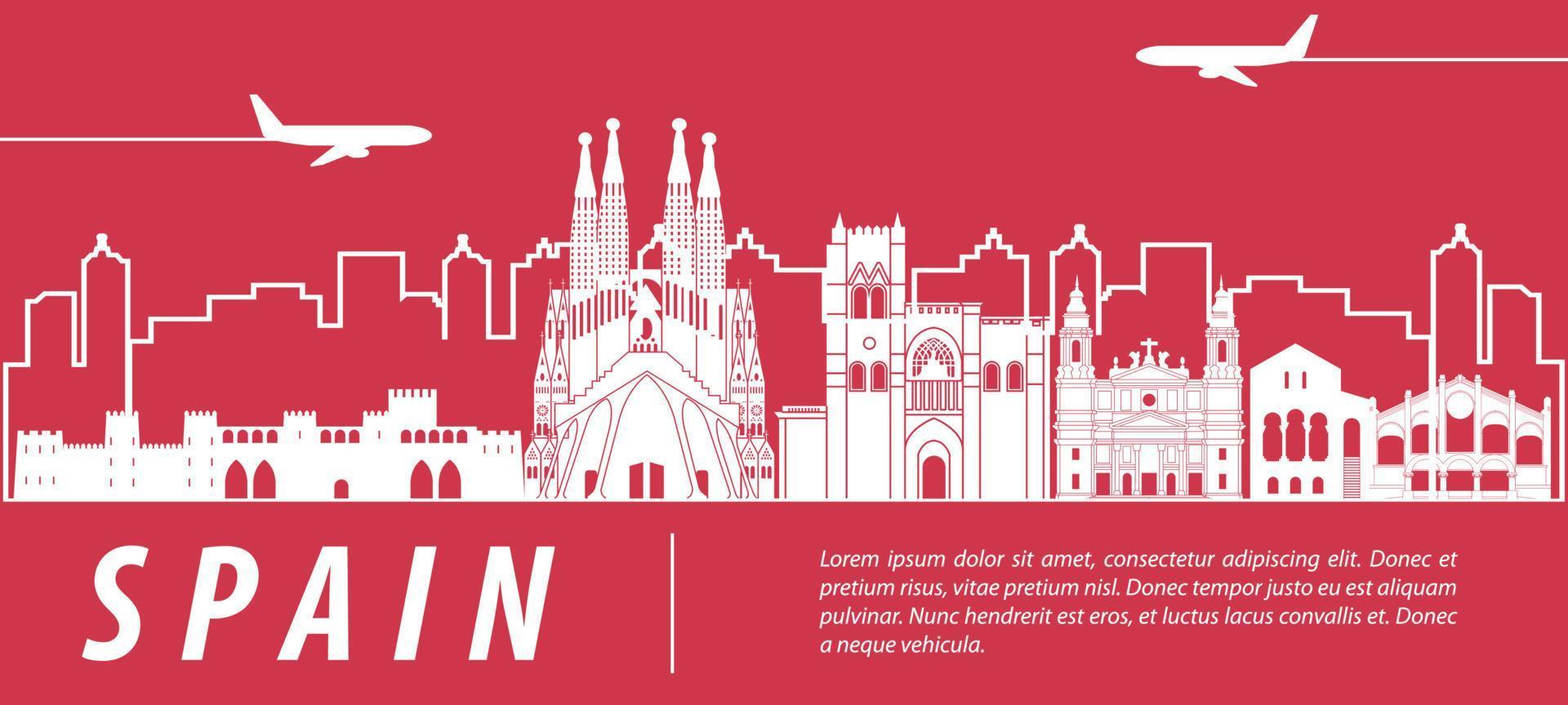 spain famous landmarks by silhouette style vector