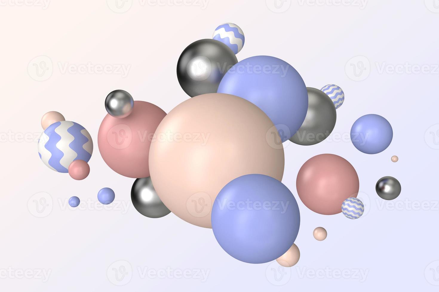 Funny floating spheres 3d rendering decorative backdrop different sizes and colors. Abstract balls object composition background photo