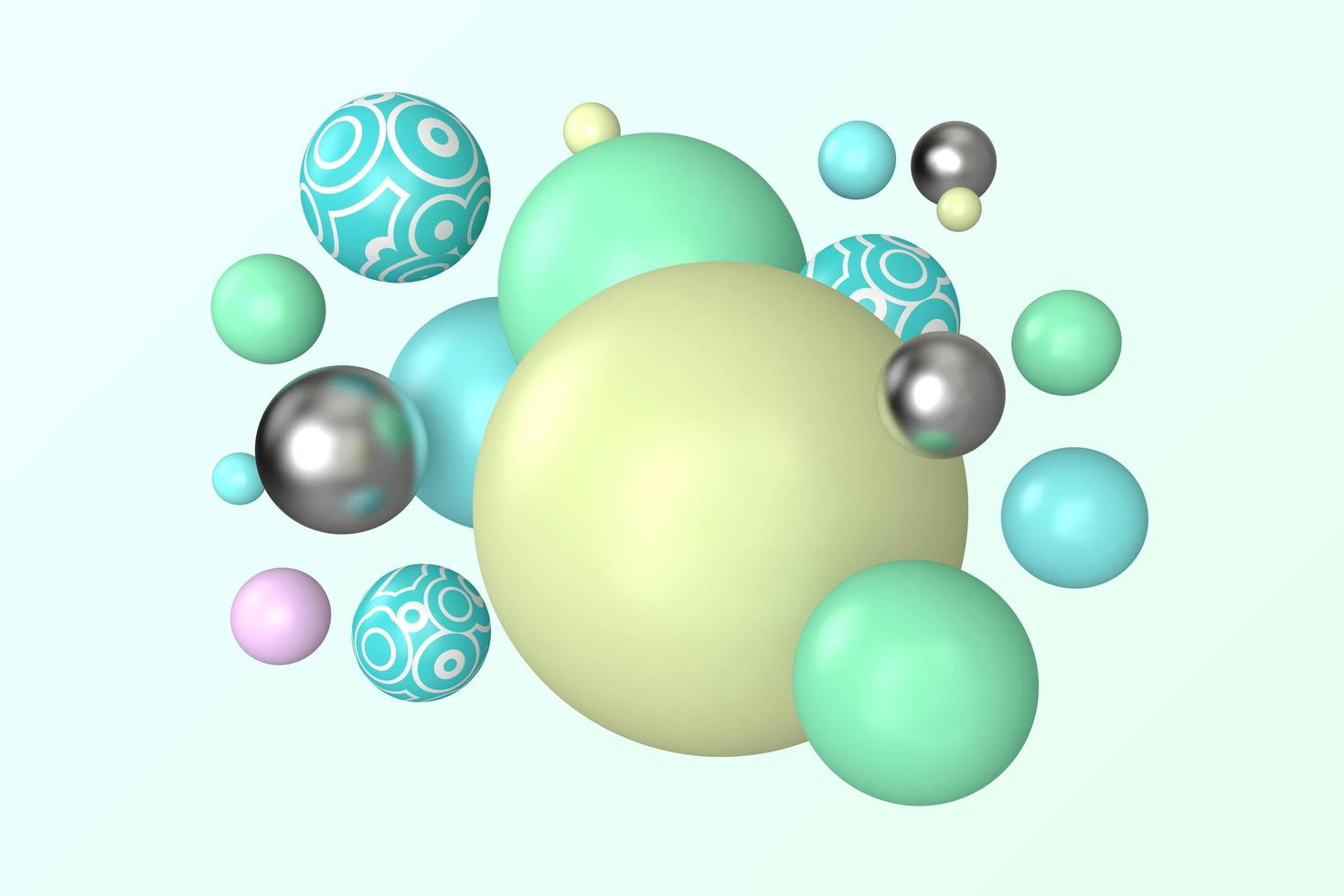 Abstract irregular circle dimensional spheres 3d illustration. Sphere shapes on light green background photo
