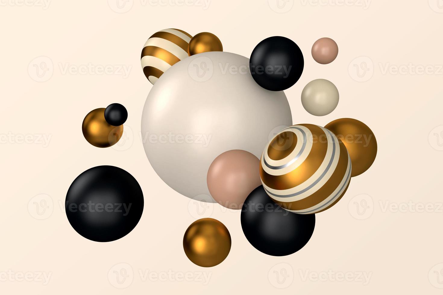 Dynamic motion rounded air shapes inflow. Colorful 3d illustration. Black, gold, and striped dynamic balls on light beige background photo