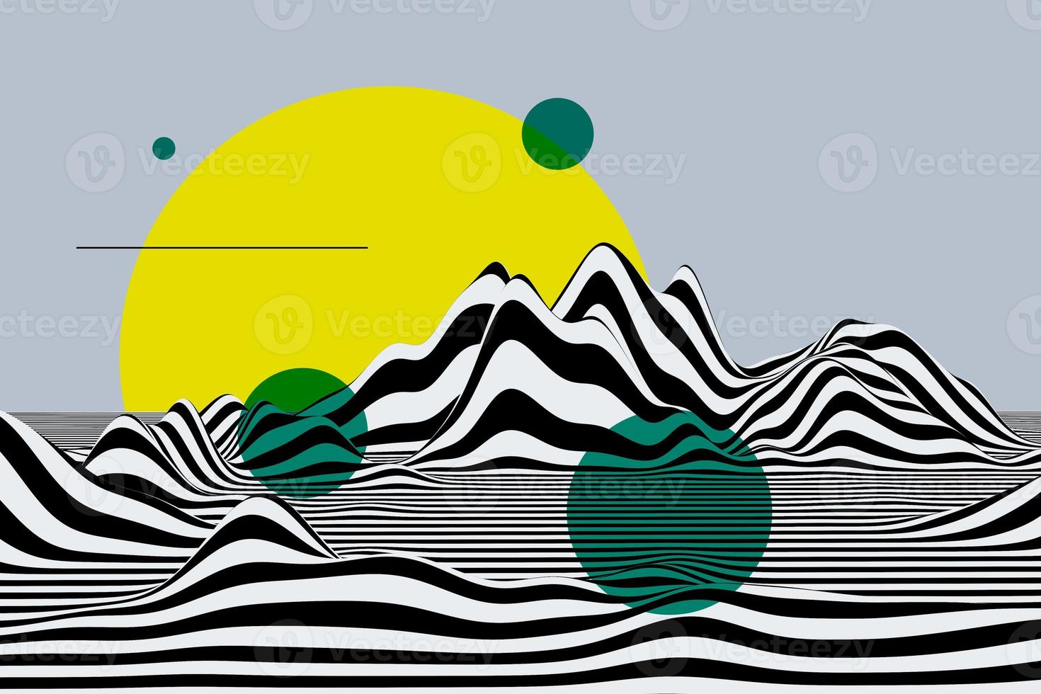 Retro futuristic striped wave texture. Stylish abstract mono-color curve lines background. Black and white smooth surface looks like landscape and mountains 3d illustration photo