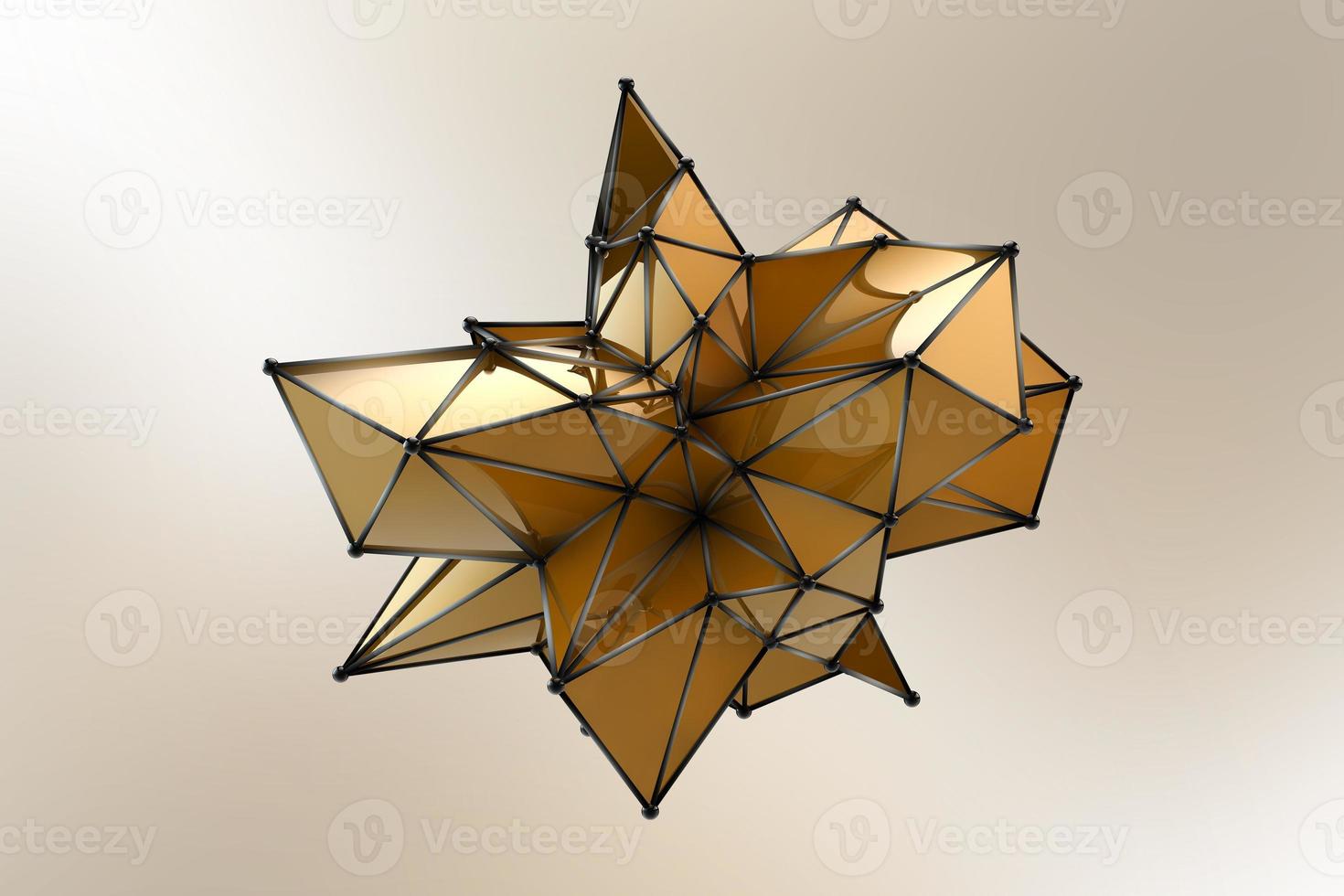 Strange orange connection lines and dots 3d illustration. Abstract sci-fi gold polygonal plexus shape background with mirror reflection for landing, and presentation in science or medical directions photo