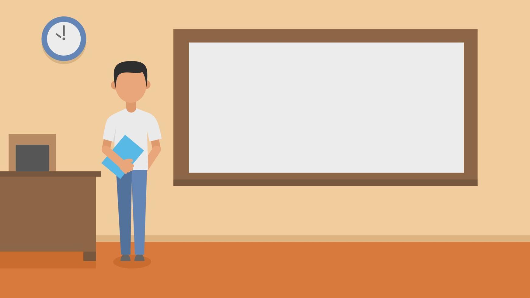 illustration of a teacher teaching in class standing holding a book with a blackboard next to it vector