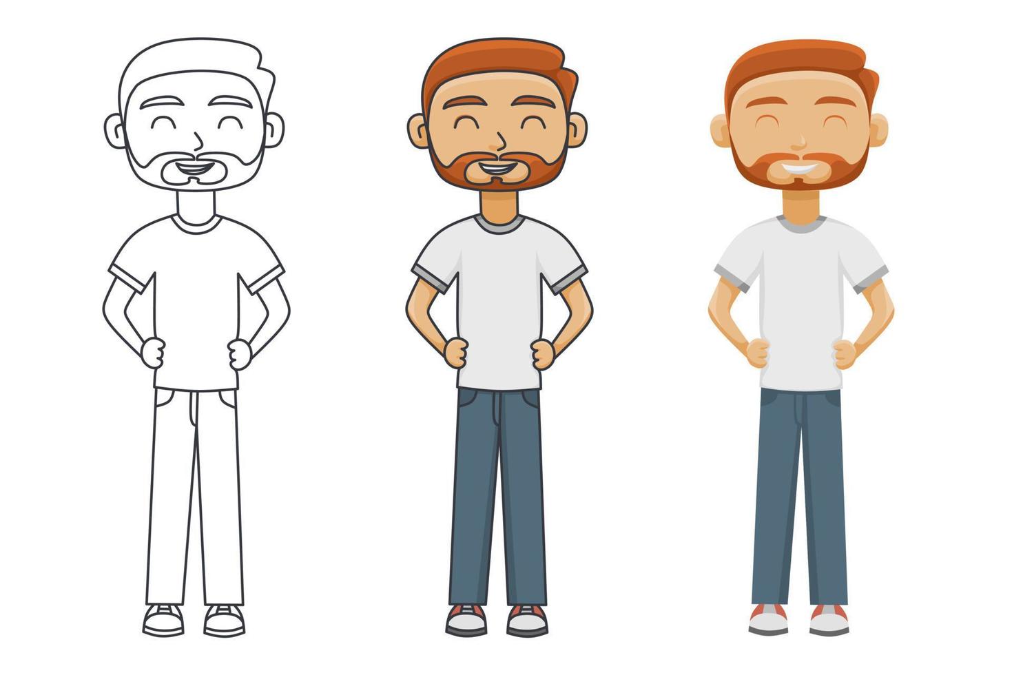 conjunto de ilustración plana de hombre con cabello naranja y barba sonriendo y de pie en pose segura vector