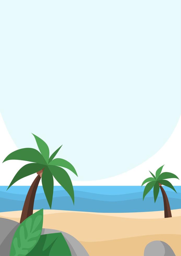 ilustración de paisaje fondo de playa pacífica con mar azul y cielo despejado, cocoteros y faro adecuado para el diseño de verano, vacaciones, decoración y más vector