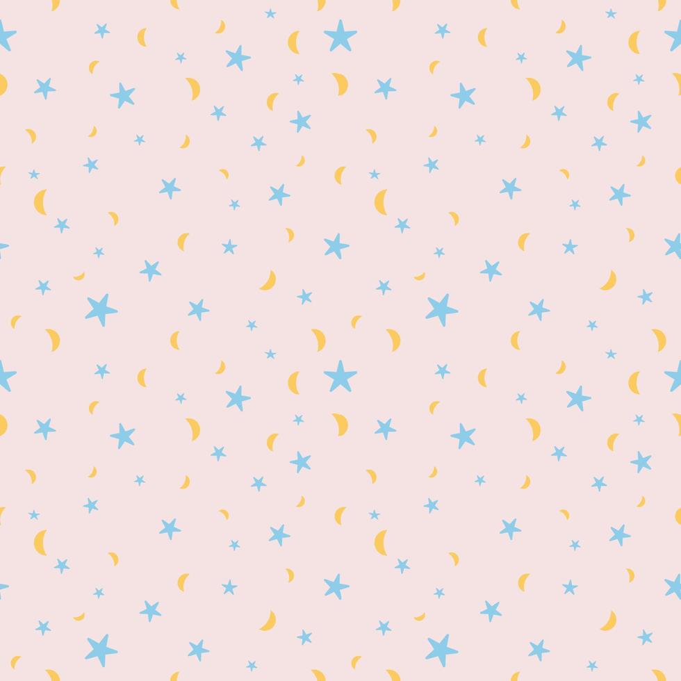 Seamless cute pattern with little rounded stars and moon of different colors. Powder pink background. Vector illustration. Magic fireworks.