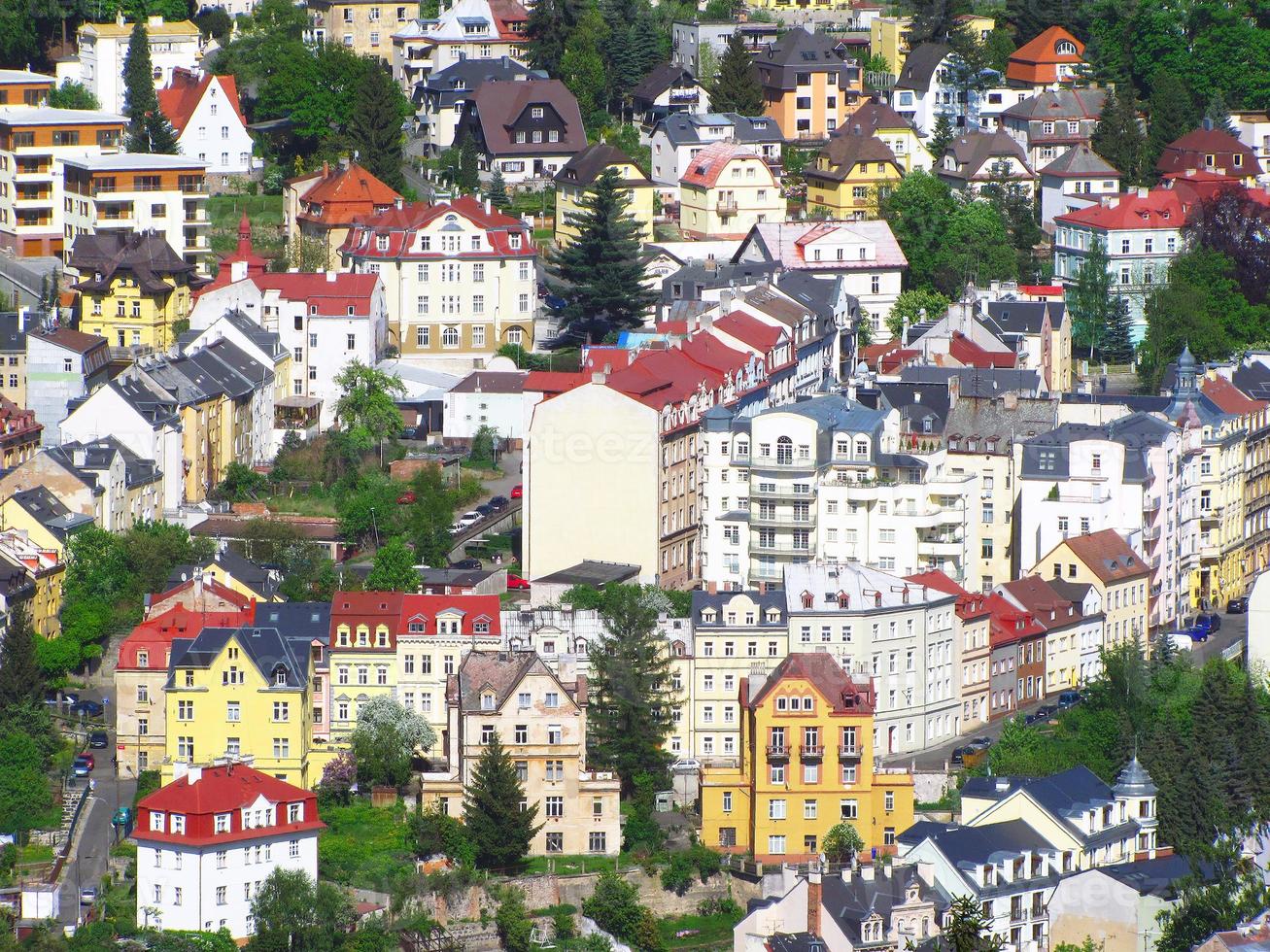 View of colorful buildings Karlovy Vary town of mineral water photo