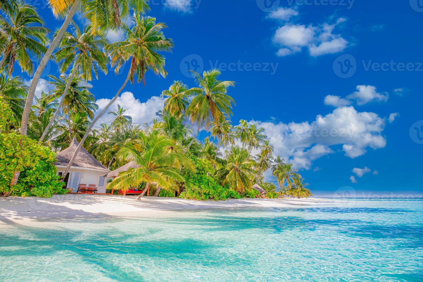 hermosa playa tropical con arena blanca, palmeras, océano turquesa contra el cielo azul con nubes en un día soleado de verano. fondo paisajístico perfecto para unas vacaciones relajantes, isla de maldivas. foto