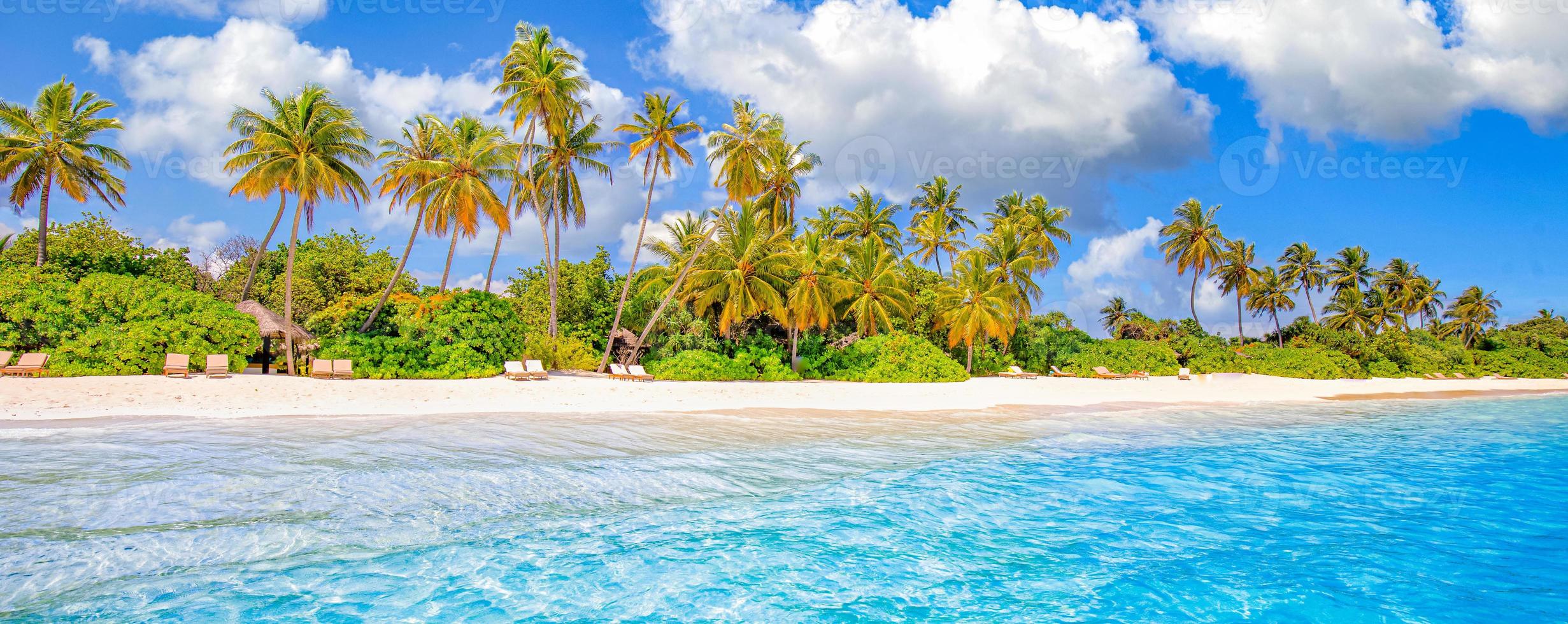 Tropical resort hotel beach paradise. Amazing nature, coast, shore. Summer vacation, travel adventure. Luxury holiday landscape, stunning ocean lagoon, blue sky palm trees. relax idyllic inspire beach photo