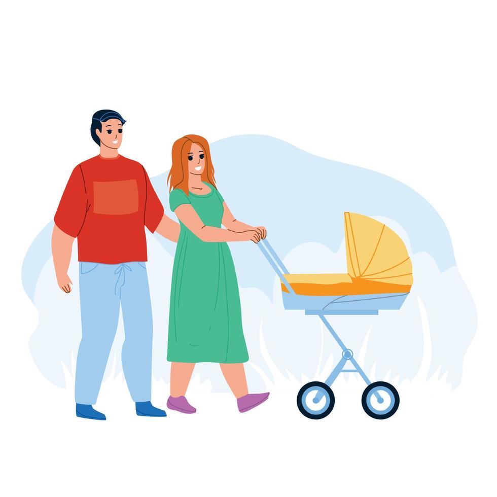 Parents Walking With Kid Stroller Together Vector