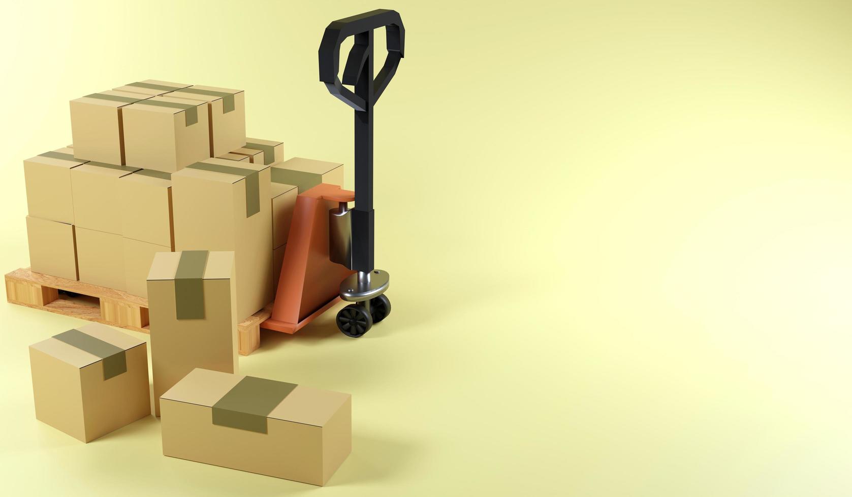 3D rendering product box stack on pallet and hand lift set up for transport to customer photo
