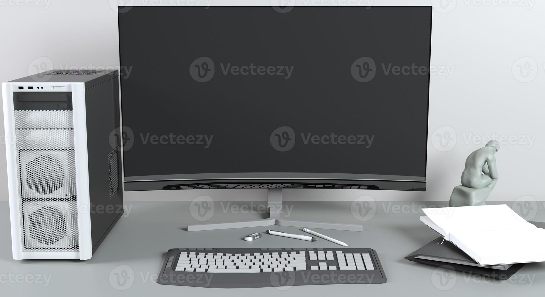3D rendering workspace on table in black- white tone , computer and accessory on the workspace photo