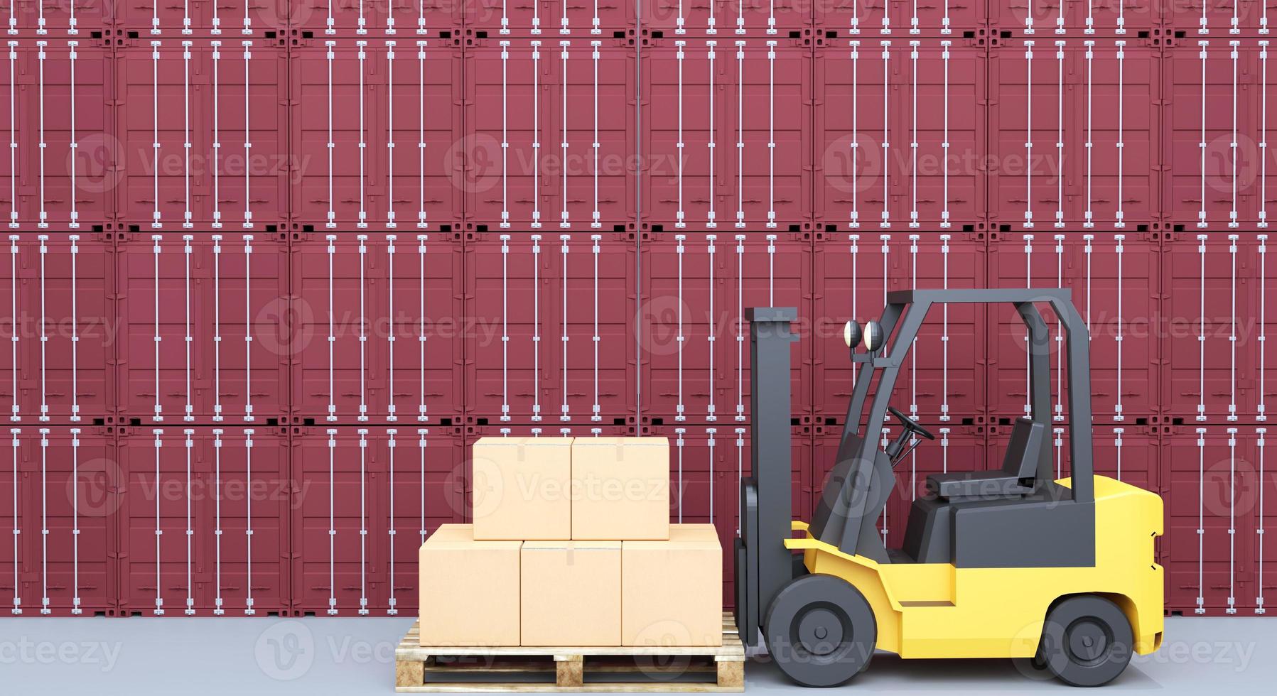 3D rendering forklift transporting on warehouse floor  and a backdrop stack of red container photo