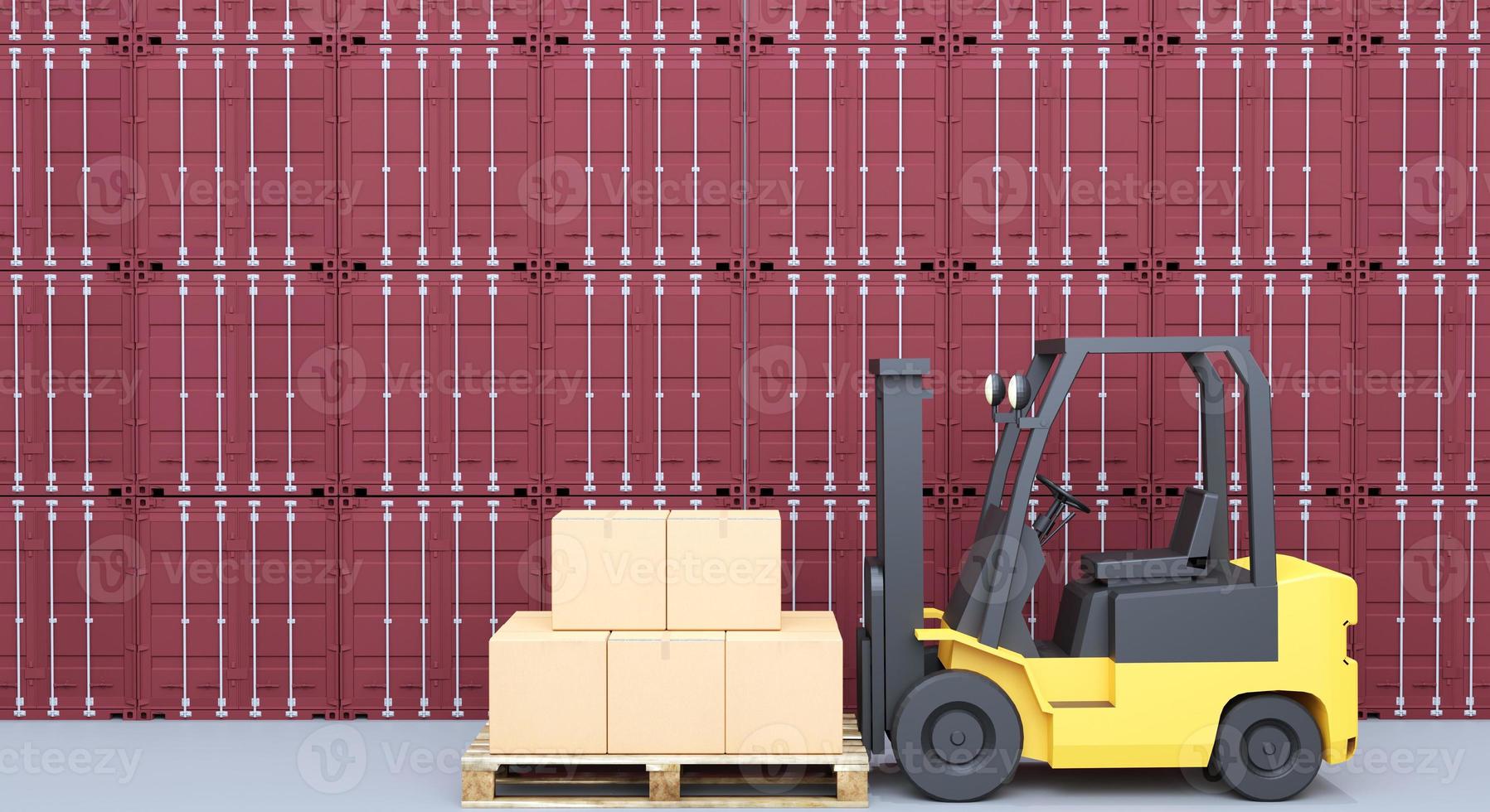 3D rendering forklift transporting on warehouse floor  and a backdrop stack of red container photo