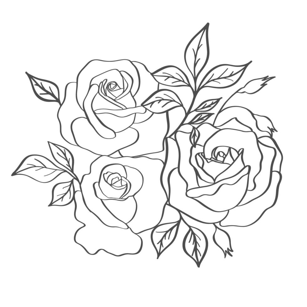 Rose bouquet sketch. Black outline on white background. Vector illustration.