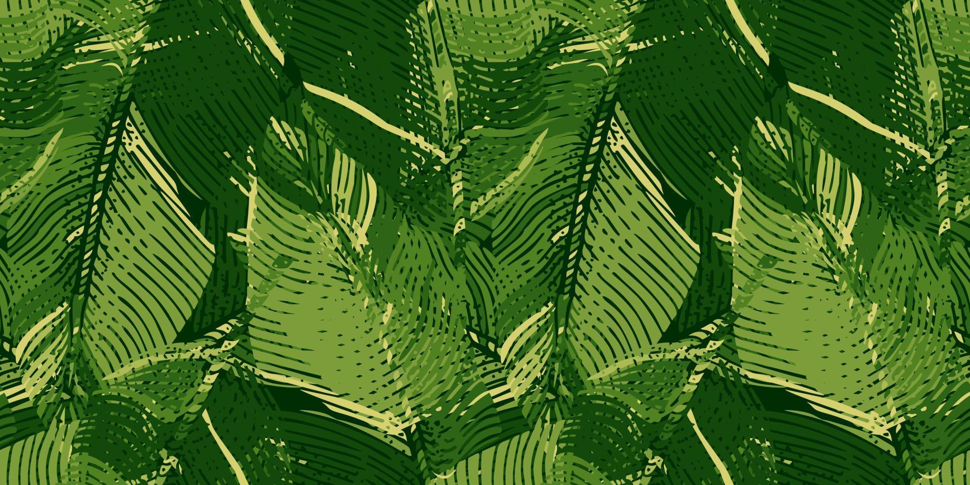 Abstract banana leaf seamless pattern. Engraving camouflage botanical background. vector