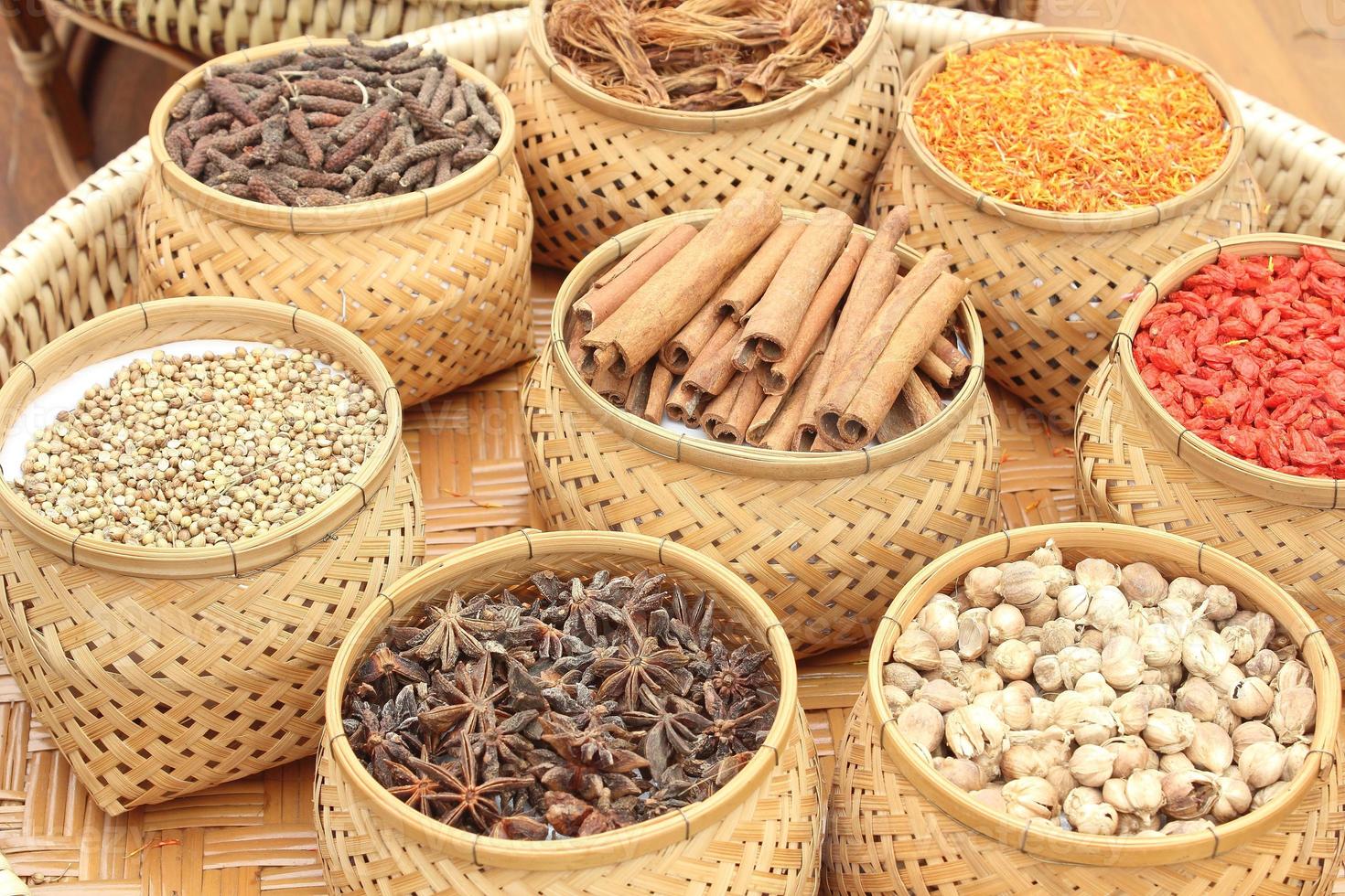 Spices, herbs in bamboo basket photo