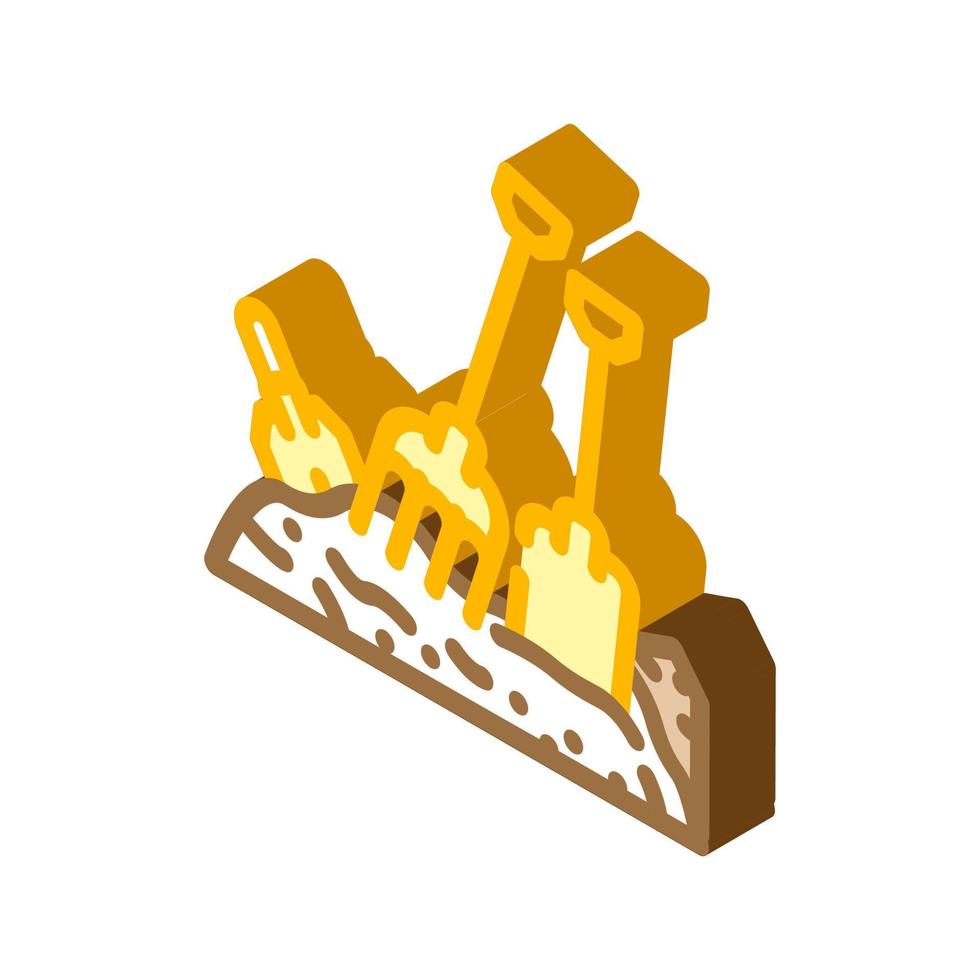 pitchfork and shovel tool on compost pile isometric icon vector illustration