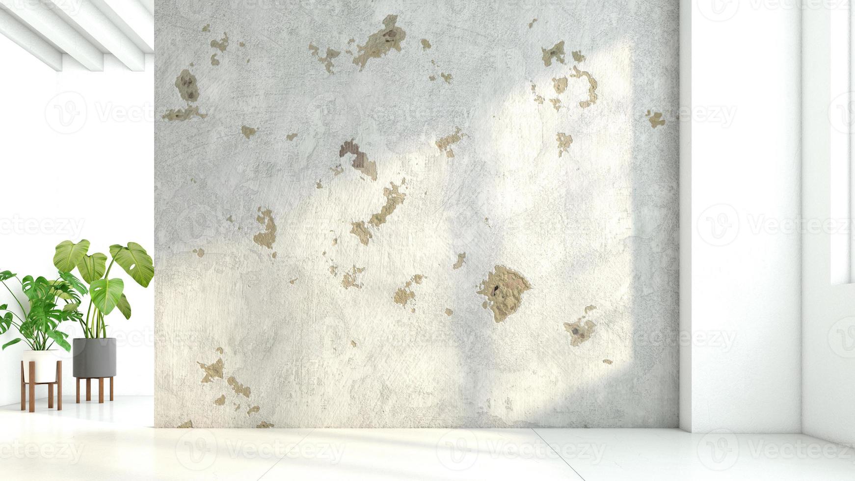 Minimalist loft empty room with weathered cement wall and wooden floor and indoor green plants. 3d rendering photo