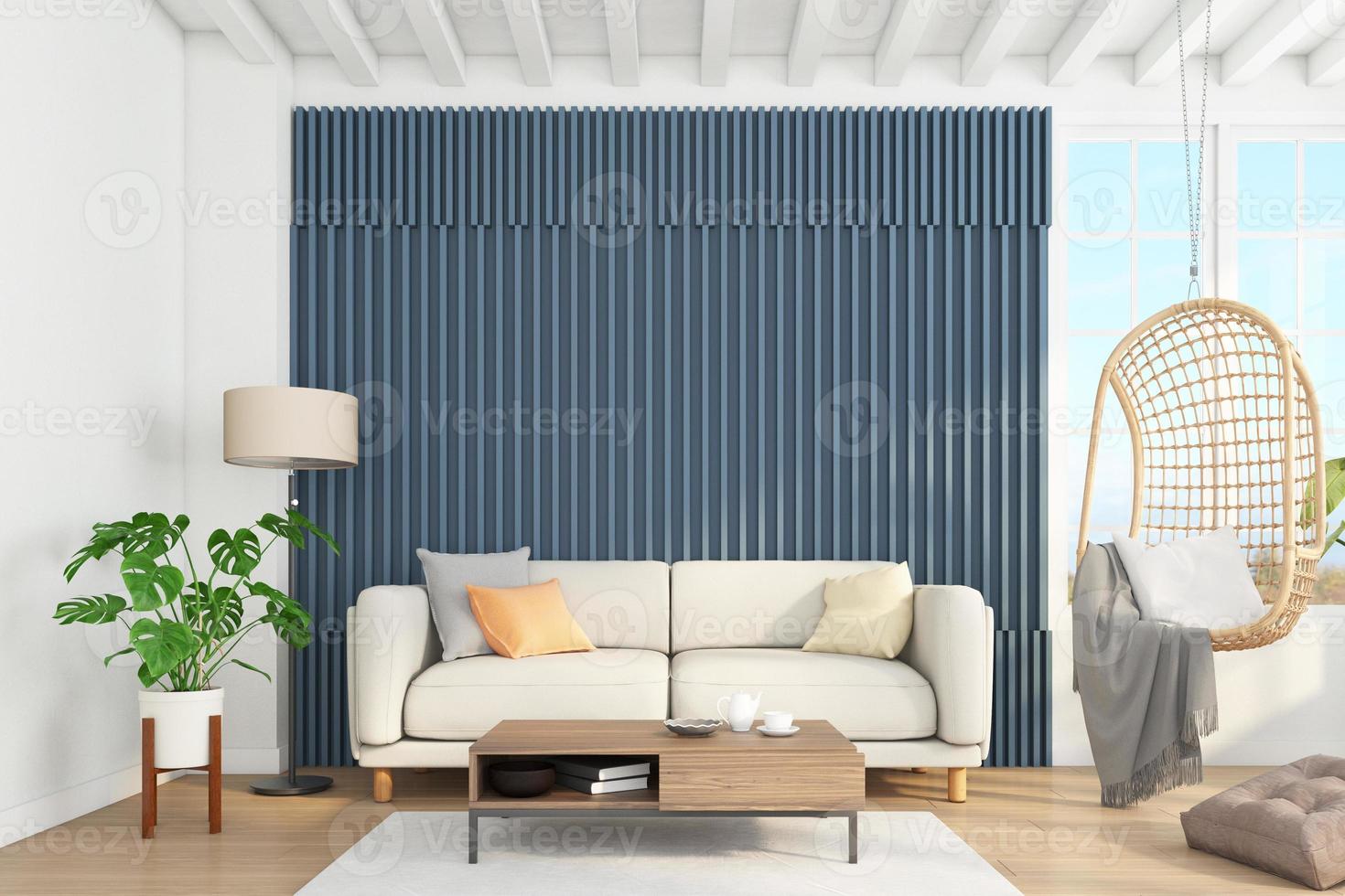sala de estar minimalista con pared de listones de color gris azulado y sofá, silla colgante y lámpara de pie. representación 3d foto