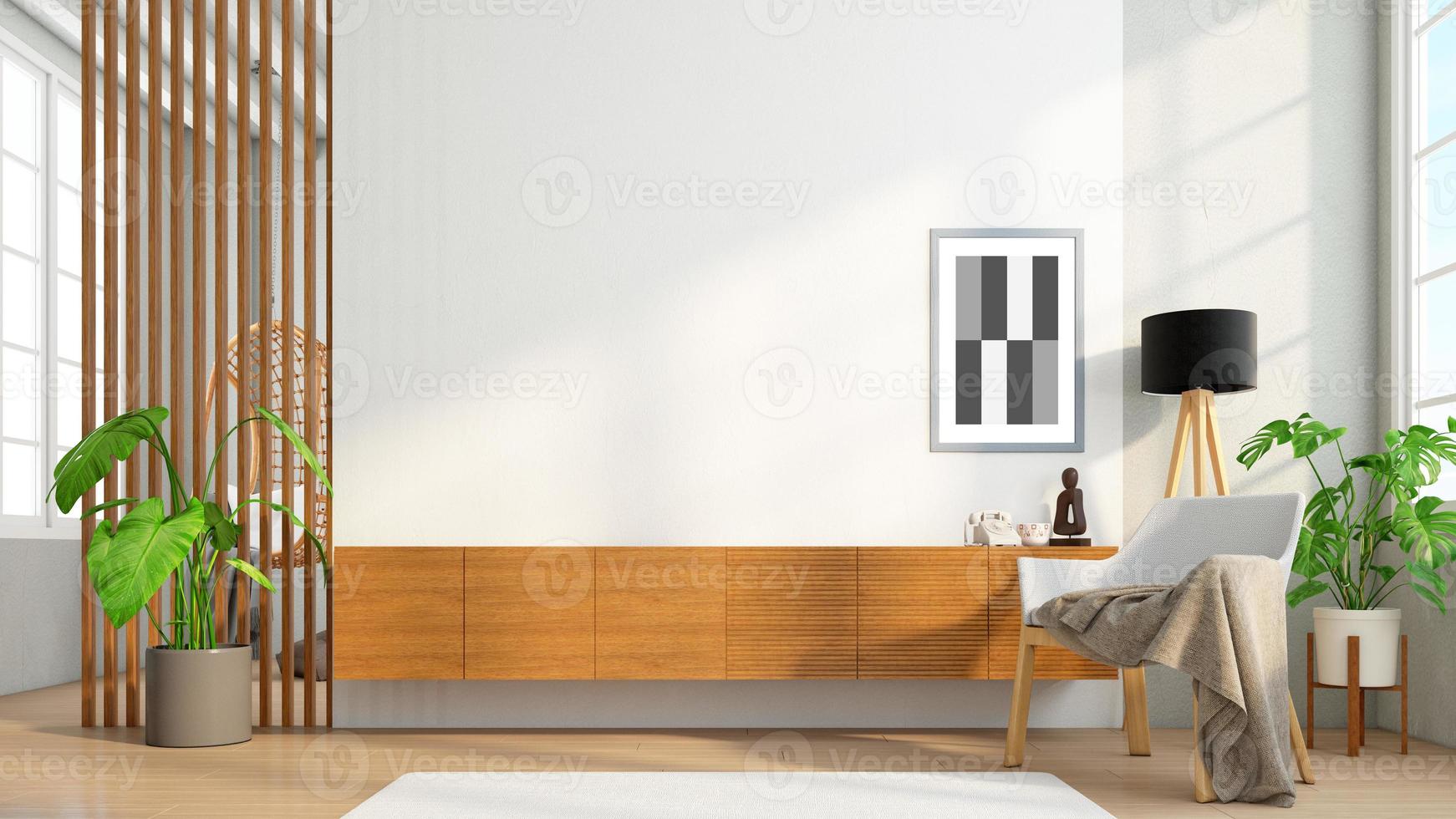Cabinet wood for tv on the wood slat wall in living room with minimalist design. 3d rendering photo