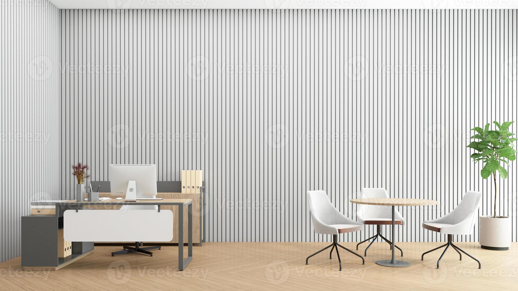 Minimalist office room with wood desk set and small conference table. 3d rendering photo