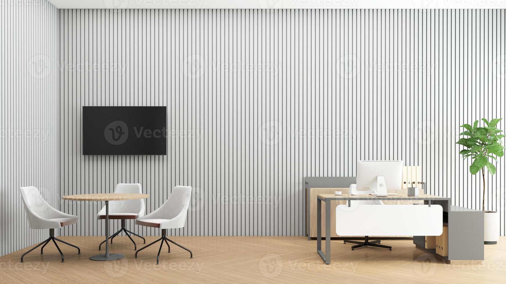 Minimalist office room with wood desk set and small conference table. 3d rendering photo