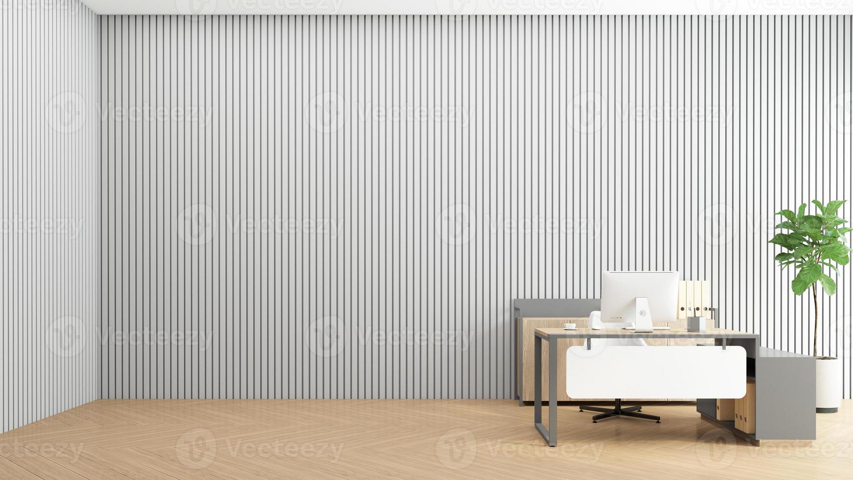 habitación vacía minimalista con escritorio de madera, pared gris y suelo de madera. representación 3d foto