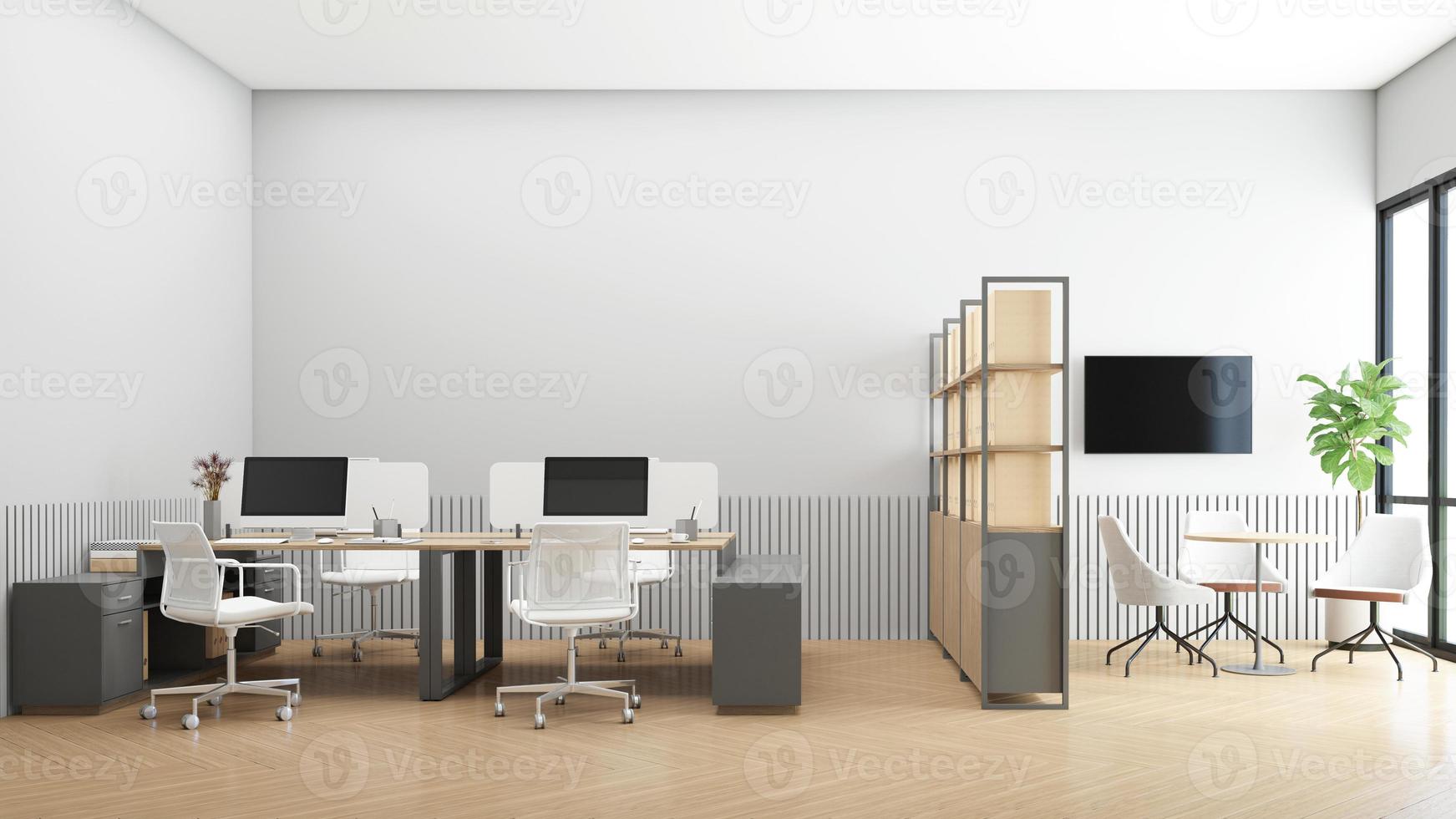 Minimalist office room with filing cabinet and small meeting table. 3d rendering photo