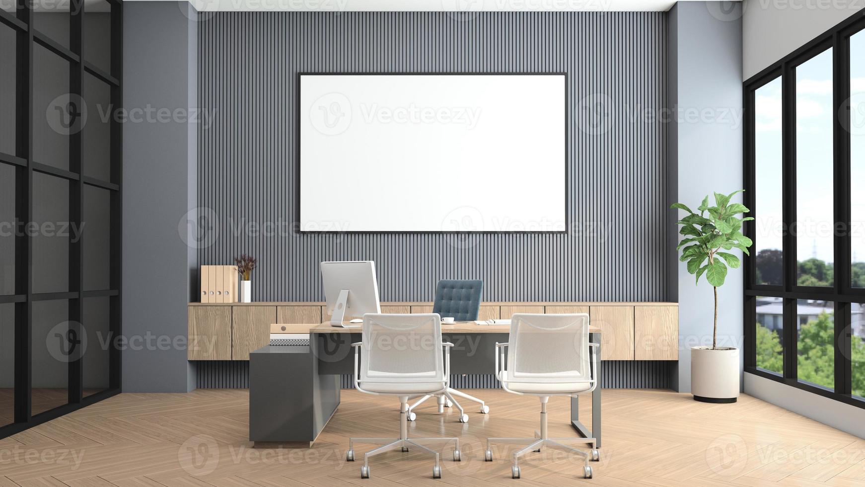 Modern manager room with desk and computer, gray slat wall and built-in wooden cabinet. 3d rendering photo