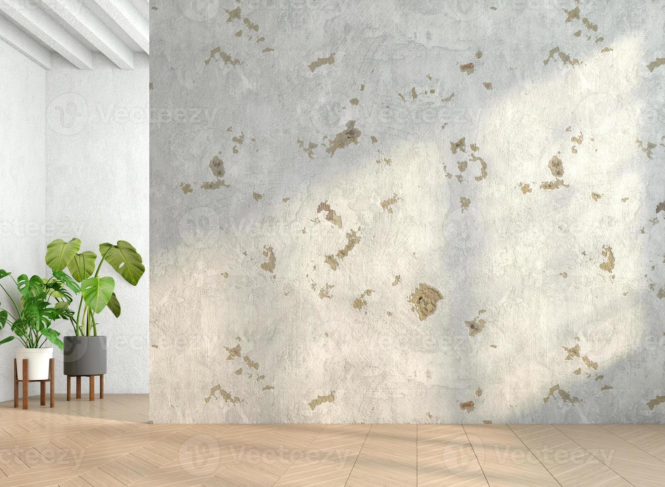 habitación vacía de loft minimalista con pared de cemento desgastado y suelo de madera y plantas verdes de interior. representación 3d foto
