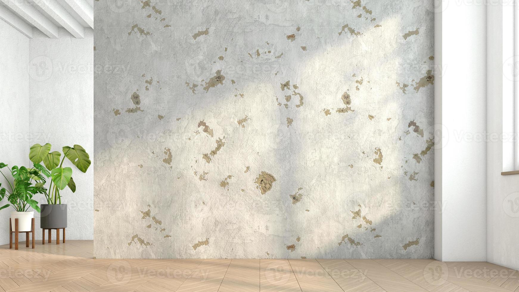 Minimalist loft empty room with weathered cement wall and wooden floor and indoor green plants. 3d rendering photo
