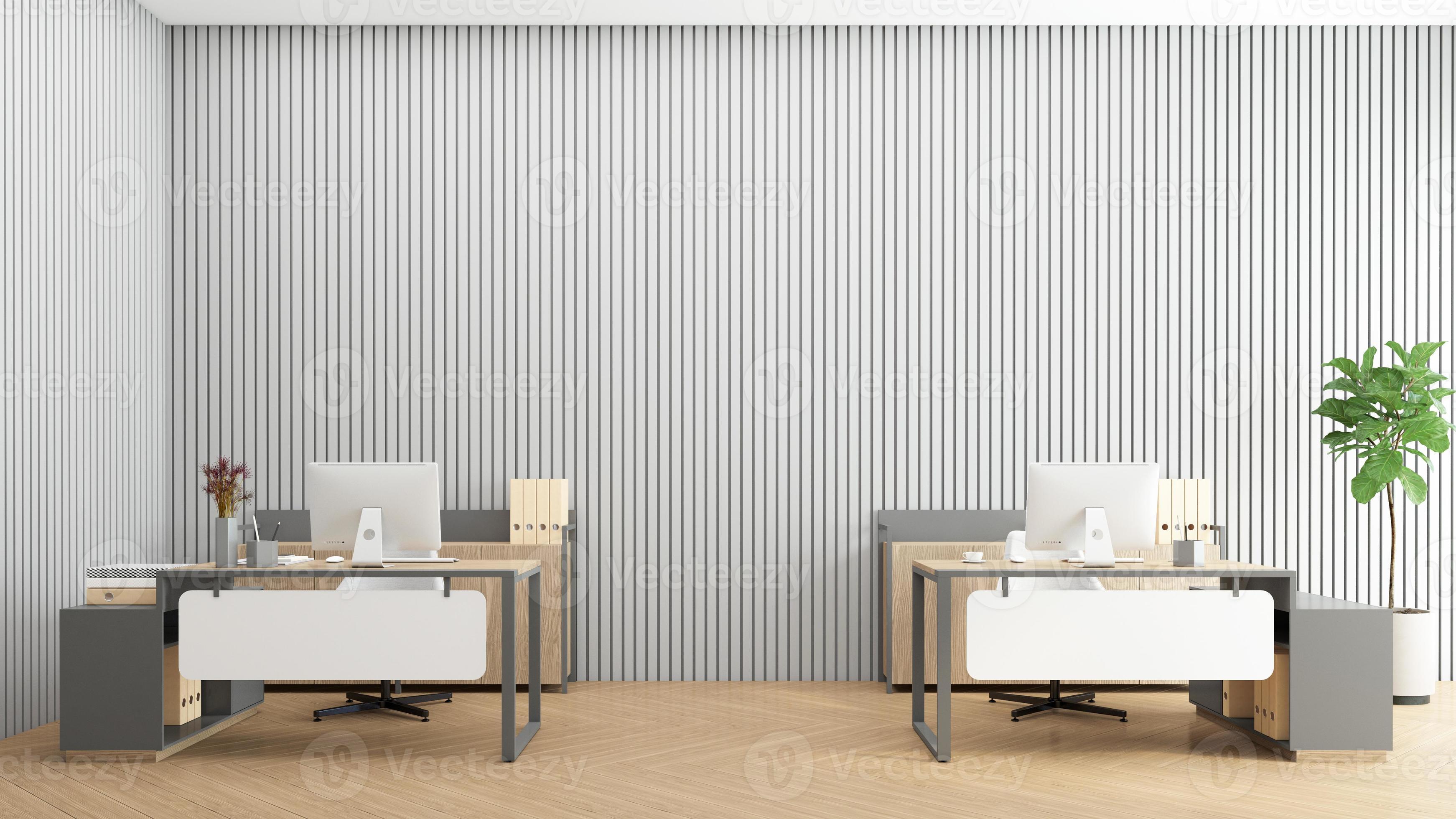 Minimalist office room with wood desk set, gray wall and wood floor. 3d ...