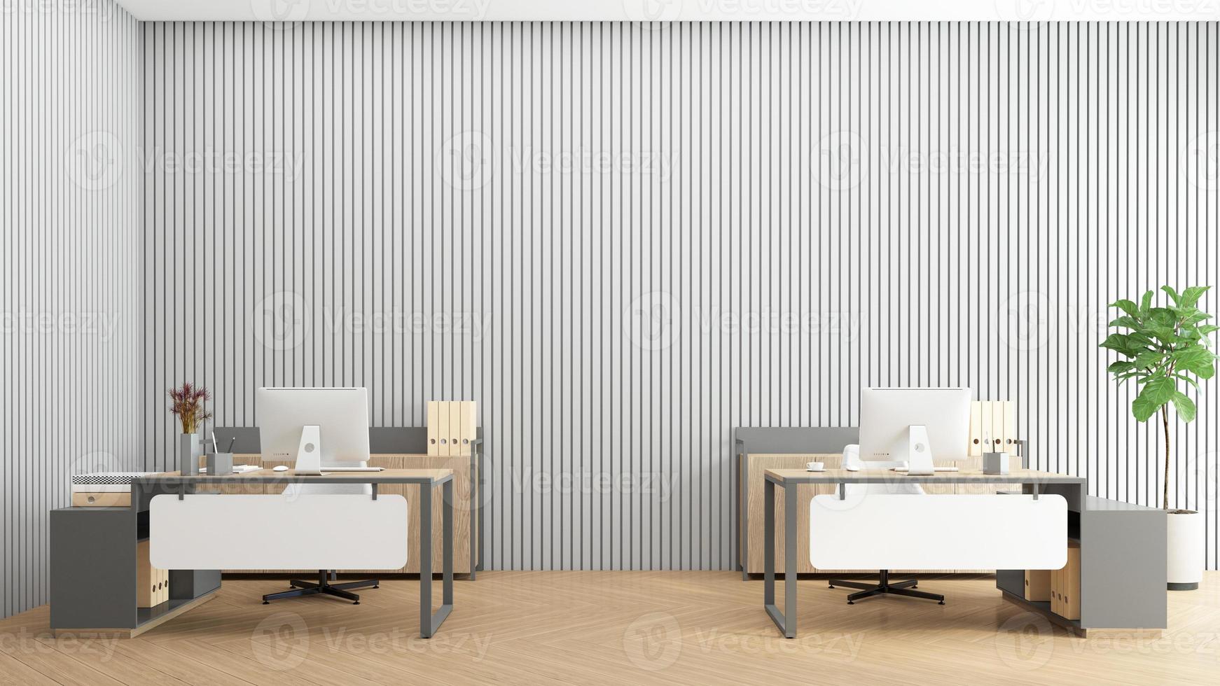 Minimalist office room with wood desk set, gray wall and wood floor. 3d rendering photo