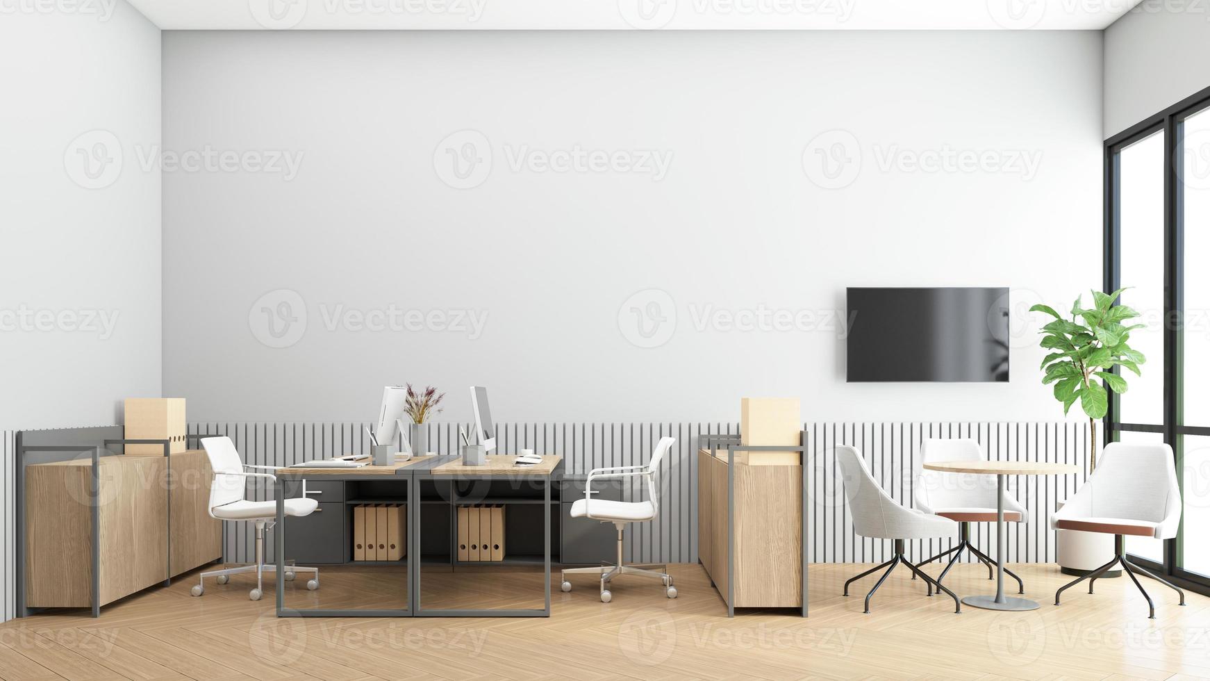 Minimalist office room with filing cabinet and small meeting table. 3d rendering photo