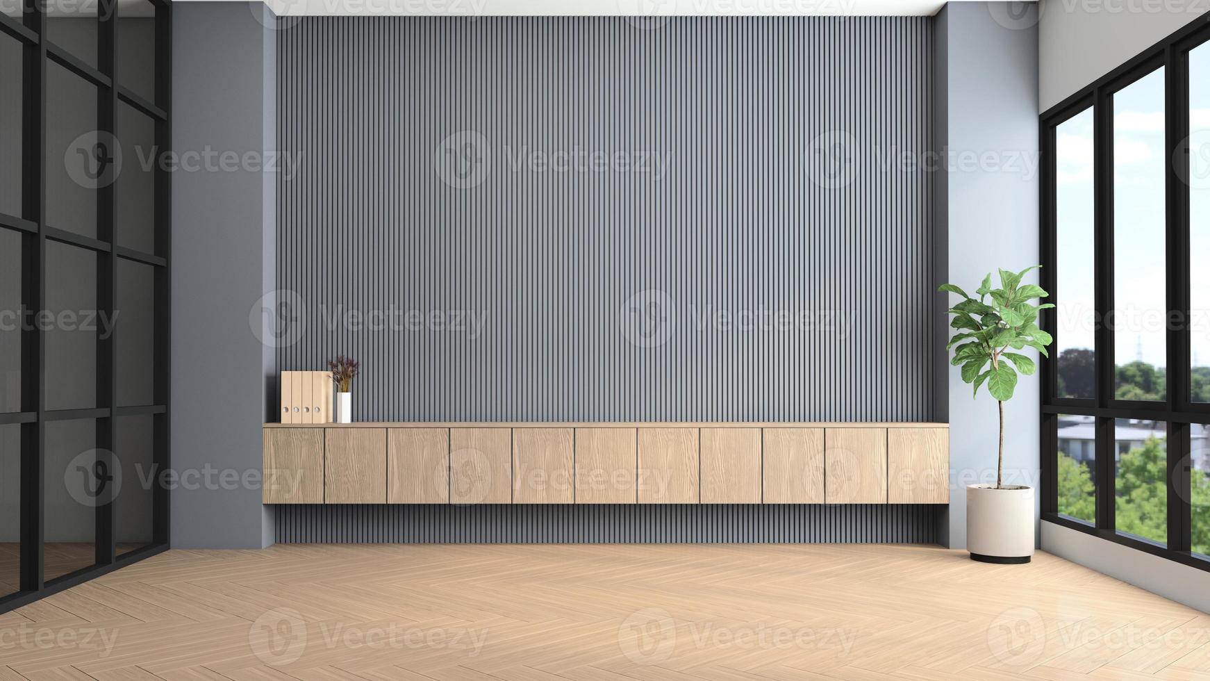 habitación vacía moderna con pared de listones grises y armario de madera empotrado. representación 3d foto